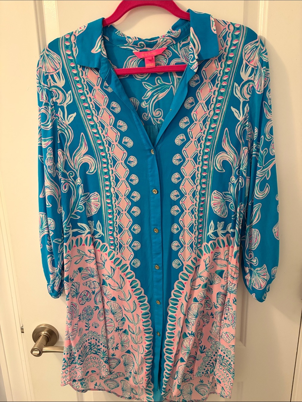 Teal and Pink Printed Button-Front swimsuit cover